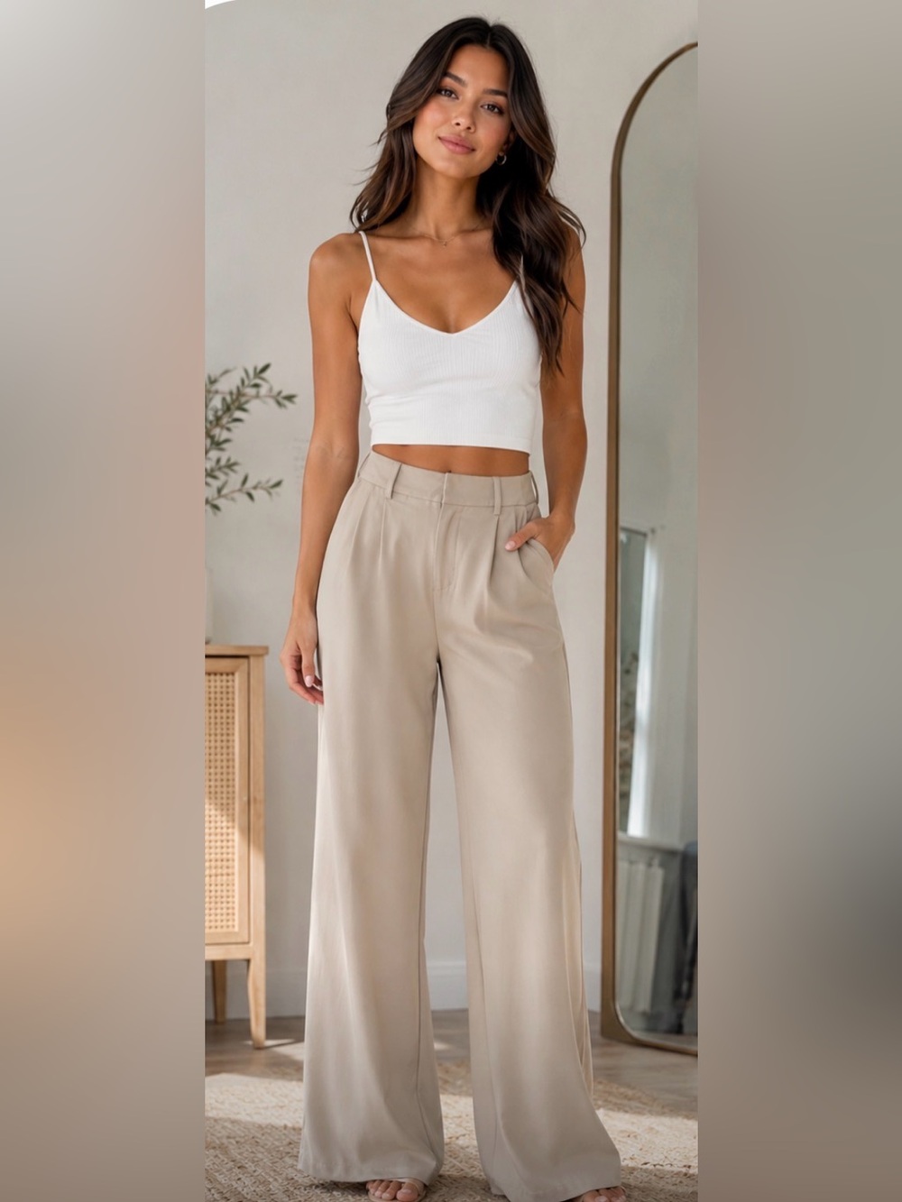 NWT Commense High-Waist Wide-Leg Pants in Light Beige